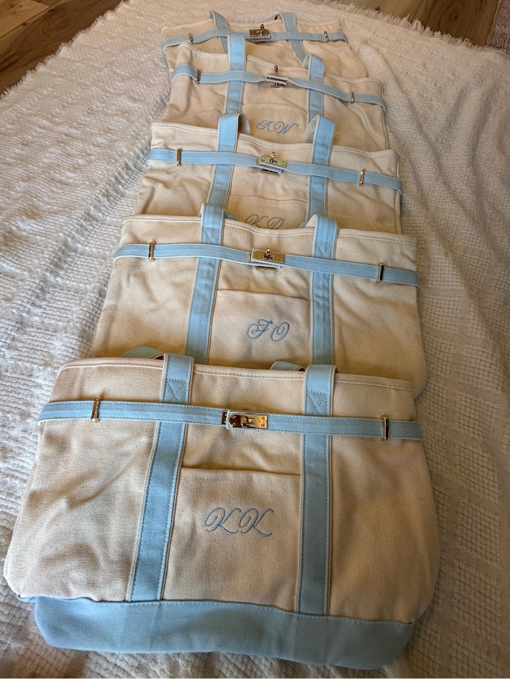 Personalized embroidered Canvas boat Tote Bag in Light Blue & Cream
